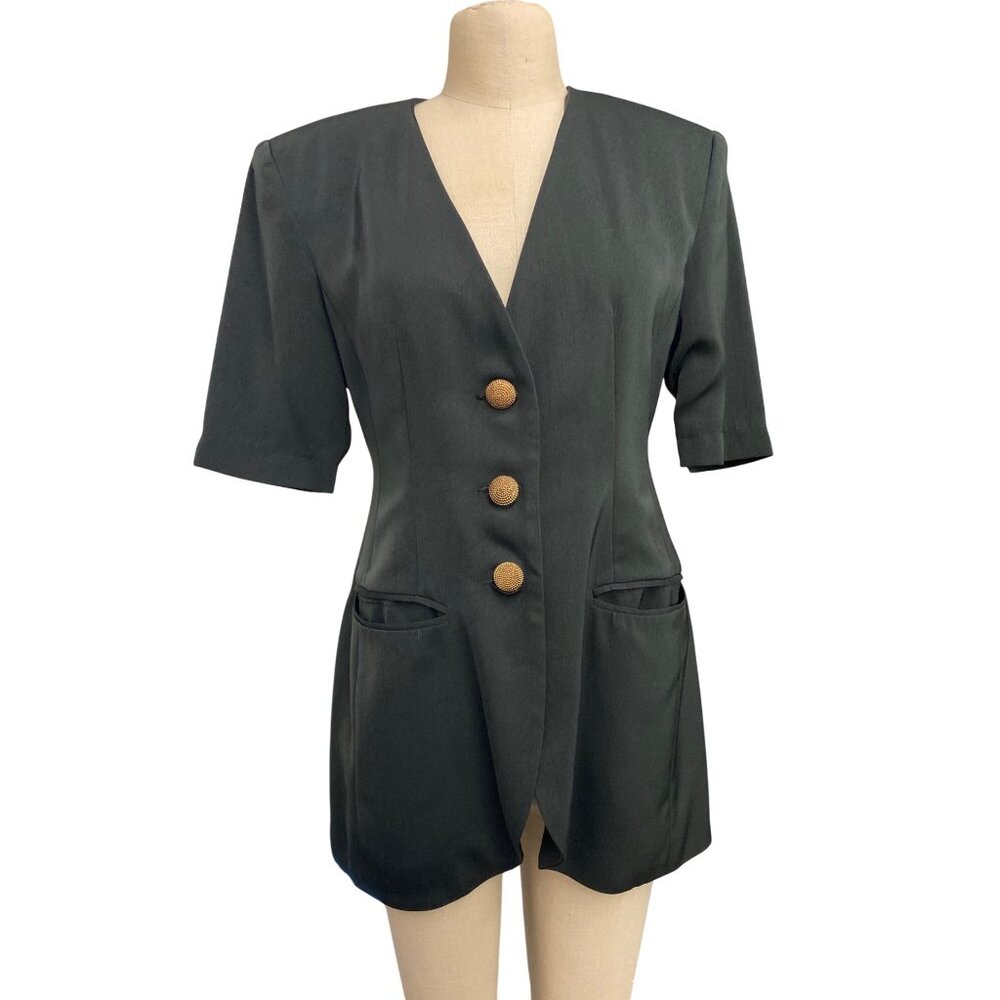Vintage Laisulian PL Short-Sleeve Black Blazer With Gold Button Accents and Pock